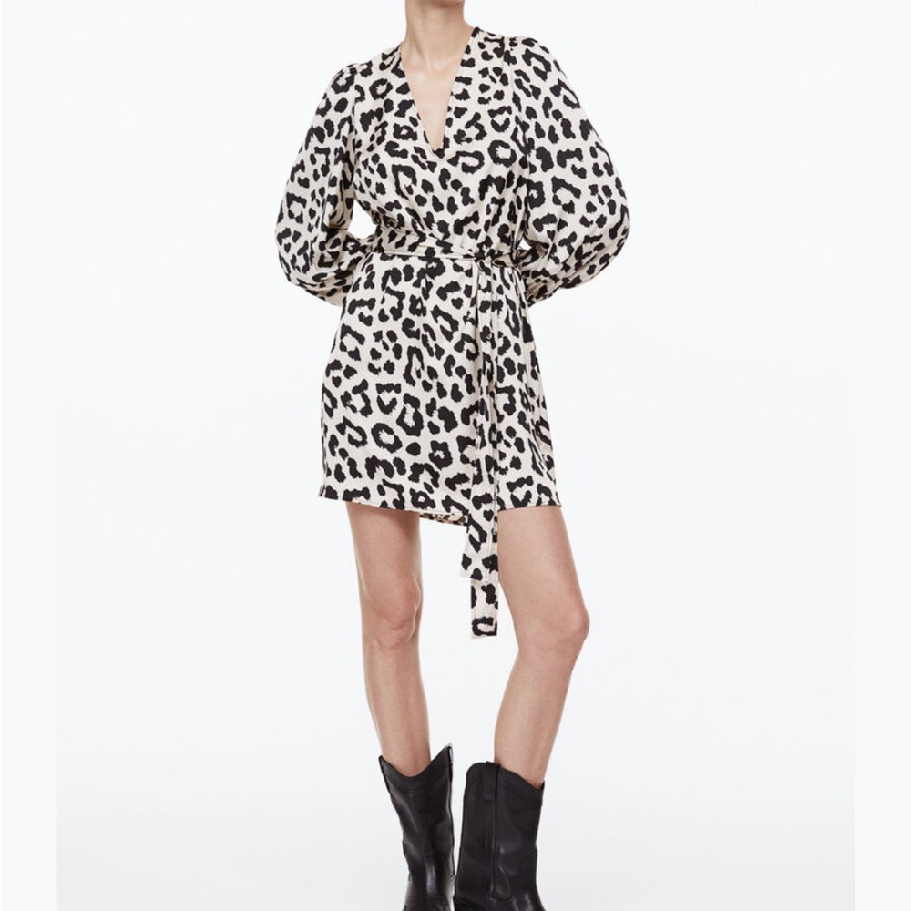 H&M Animal Print Balloon Sleeved Satin Dress